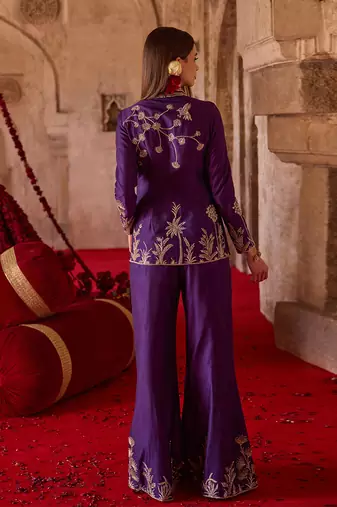 Royal purple embroidered cupro silk jacket palazzo set