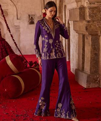 Royal purple embroidered cupro silk jacket palazzo set 4