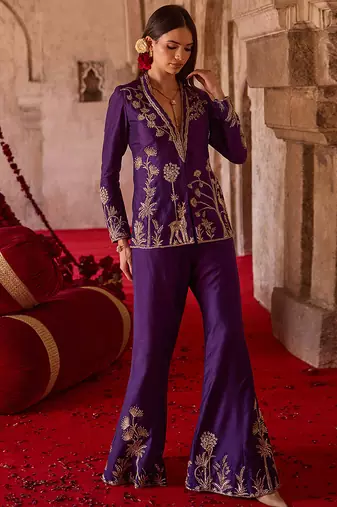 Royal purple embroidered cupro silk jacket palazzo set