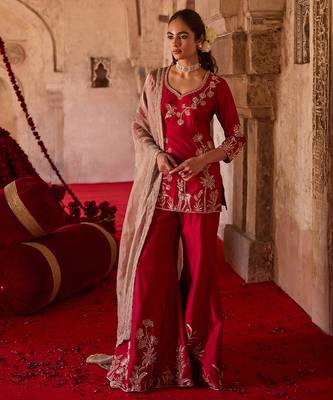 Crimson red embroidered cupro silk sharara set 1