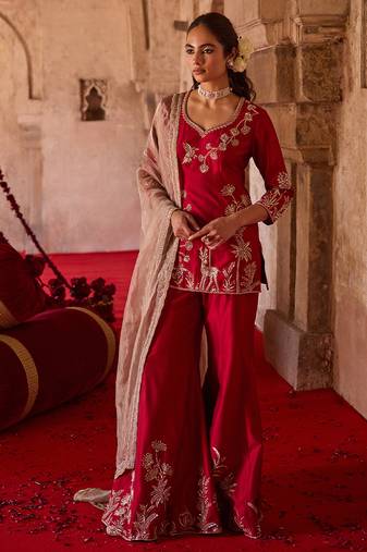Crimson red embroidered cupro silk sharara set