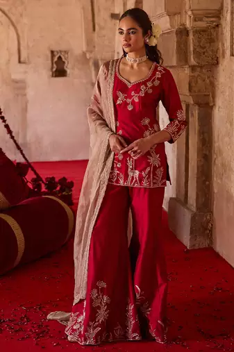 Crimson red embroidered cupro silk sharara set
