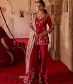 Crimson red embroidered cupro silk sharara set