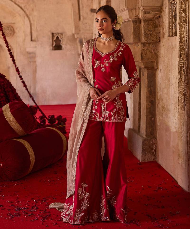 Crimson red embroidered cupro silk sharara set