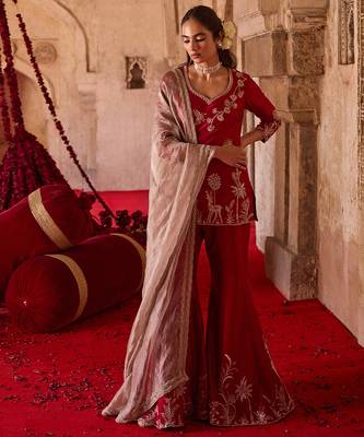Crimson red embroidered cupro silk sharara set 2