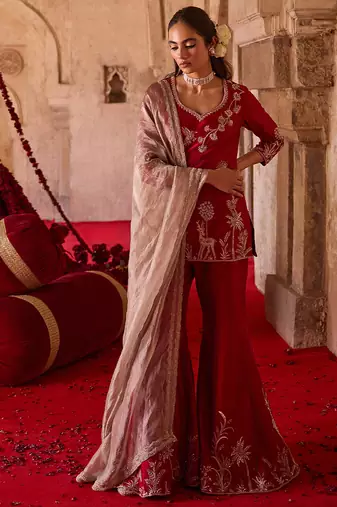 Crimson red embroidered cupro silk sharara set