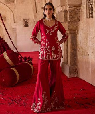 Crimson red embroidered cupro silk sharara set 3