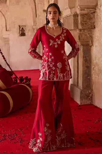 Crimson red embroidered cupro silk sharara set