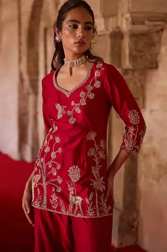 Crimson red embroidered cupro silk sharara set
