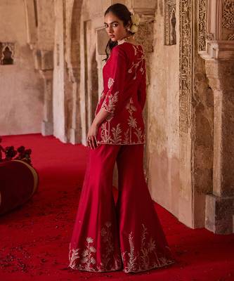 Crimson red embroidered cupro silk sharara set 5