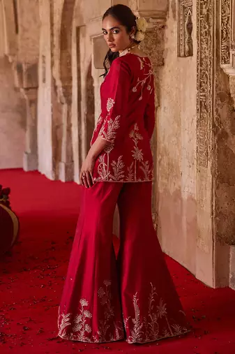 Crimson red embroidered cupro silk sharara set