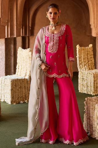 Fuchsia pink embroidered cupro silk sharara set