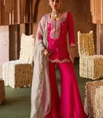 Fuchsia pink embroidered cupro silk sharara set