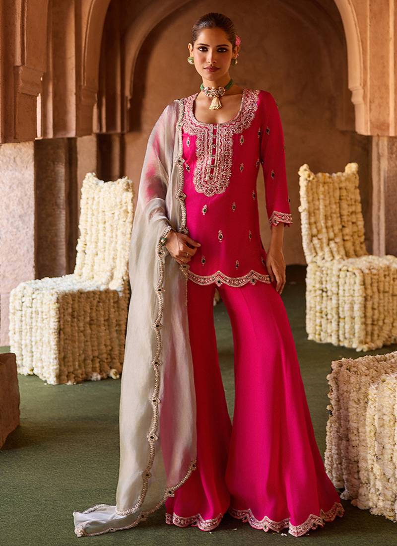 Fuchsia pink embroidered cupro silk sharara set