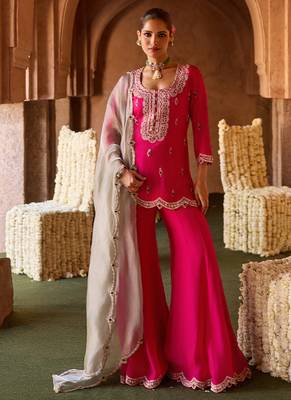 Fuchsia pink embroidered cupro silk sharara set 2