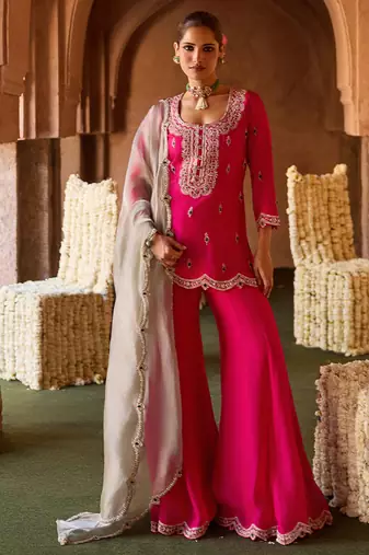Fuchsia pink embroidered cupro silk sharara set