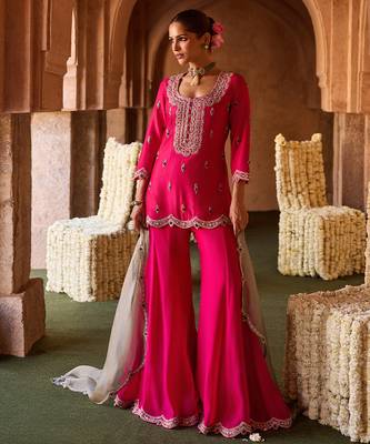 Fuchsia pink embroidered cupro silk sharara set 3