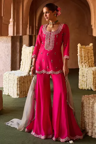 Fuchsia pink embroidered cupro silk sharara set