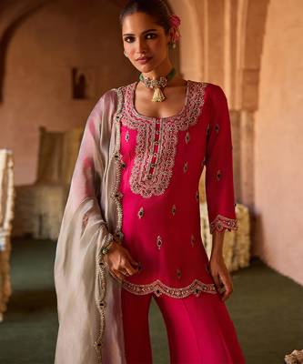 Fuchsia pink embroidered cupro silk sharara set 4