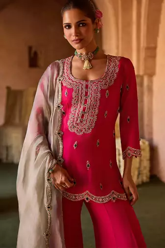 Fuchsia pink embroidered cupro silk sharara set