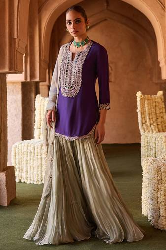 Royal purple embroidered cupro silk mint green sharara set
