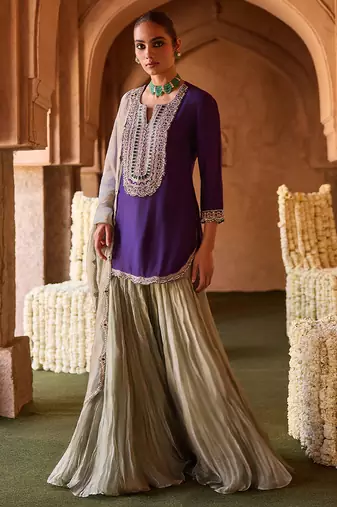 Royal purple embroidered cupro silk mint green sharara set