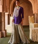 Royal purple embroidered cupro silk mint green sharara set