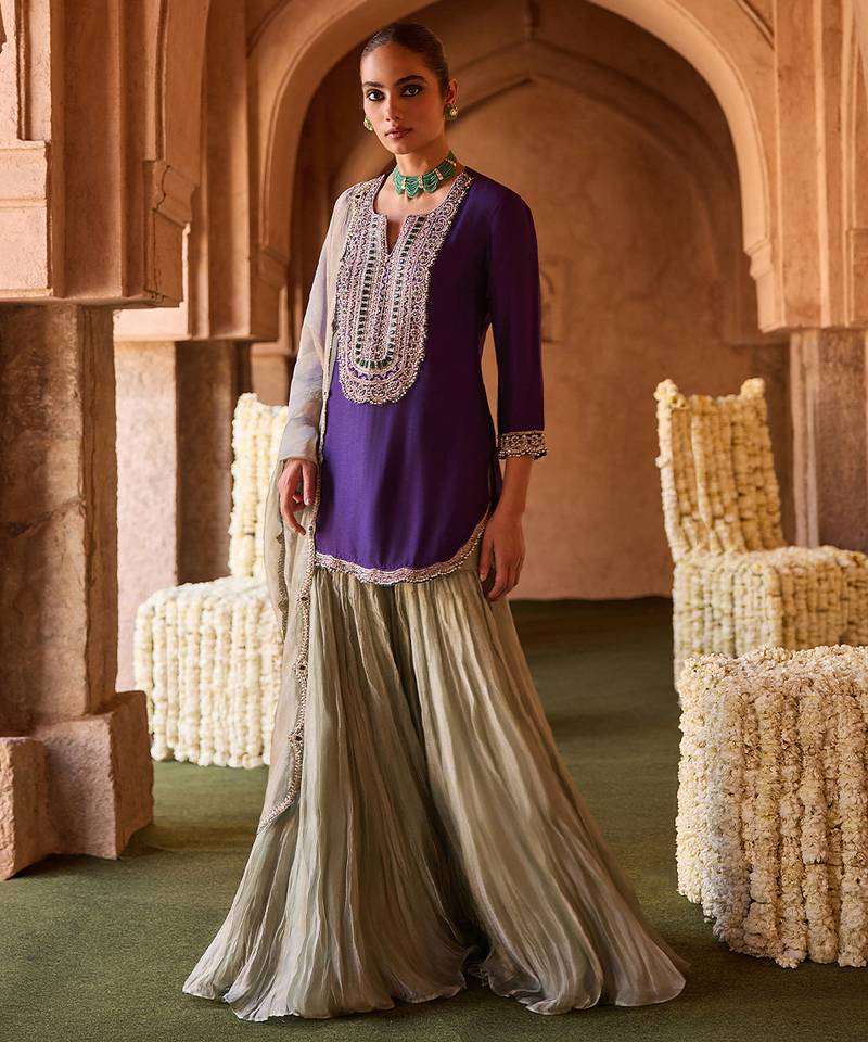 Royal purple embroidered cupro silk mint green sharara set