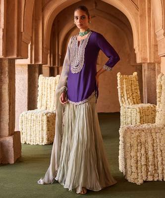 Royal purple embroidered cupro silk mint green sharara set 2