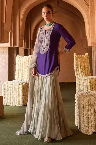 Royal purple embroidered cupro silk mint green sharara set