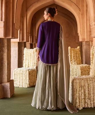 Royal purple embroidered cupro silk mint green sharara set 3