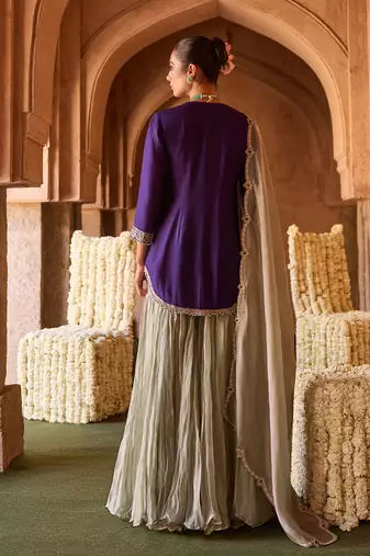 Royal purple embroidered cupro silk mint green sharara set