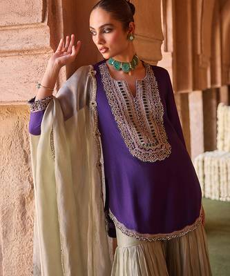 Royal purple embroidered cupro silk mint green sharara set 4