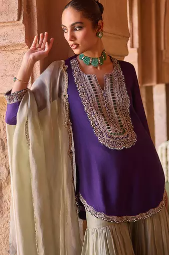Royal purple embroidered cupro silk mint green sharara set