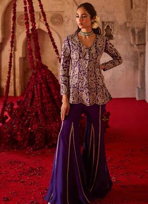 Royal purple embroidered cupro silk sharara set 1