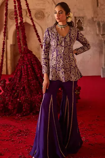 Royal purple embroidered cupro silk sharara set