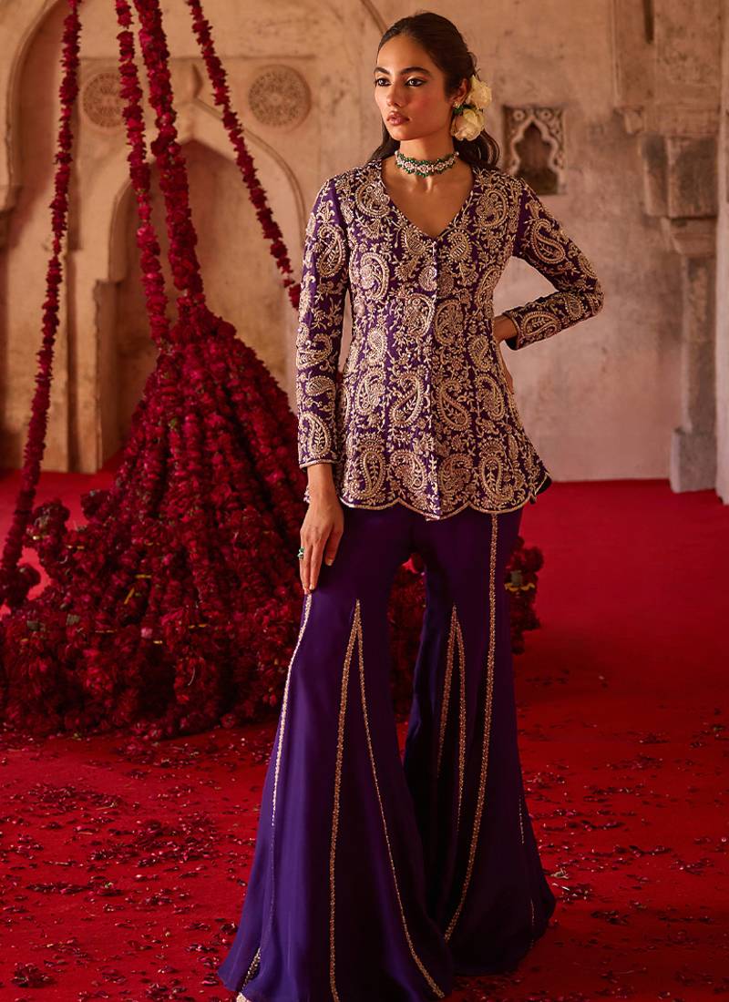 Royal purple embroidered cupro silk sharara set