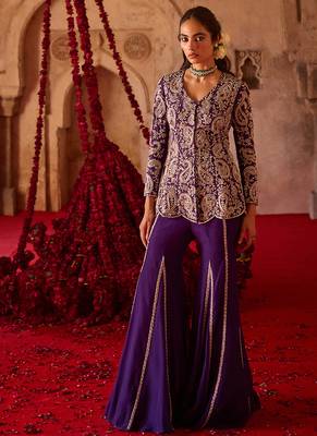 Royal purple embroidered cupro silk sharara set 2