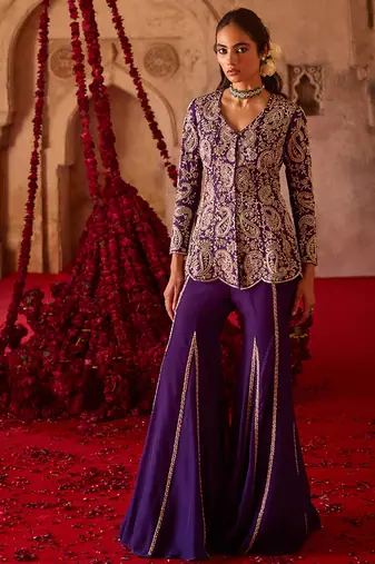 Royal purple embroidered cupro silk sharara set