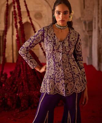 Royal purple embroidered cupro silk sharara set 3