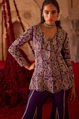 Royal purple embroidered cupro silk sharara set