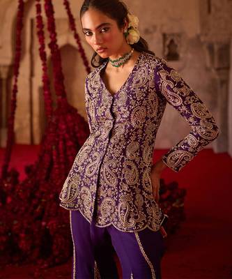 Royal purple embroidered cupro silk sharara set 4