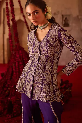 Royal purple embroidered cupro silk sharara set