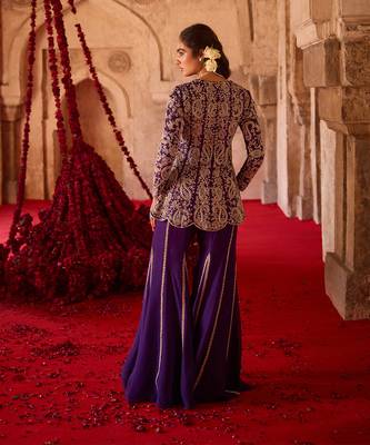 Royal purple embroidered cupro silk sharara set 5