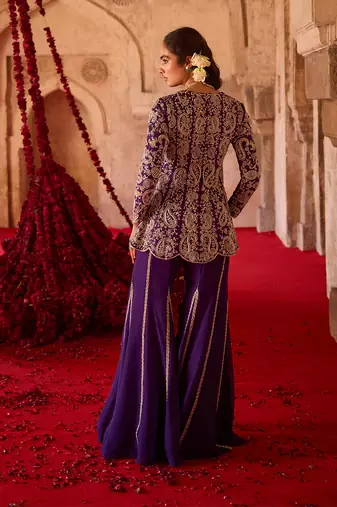 Royal purple embroidered cupro silk sharara set