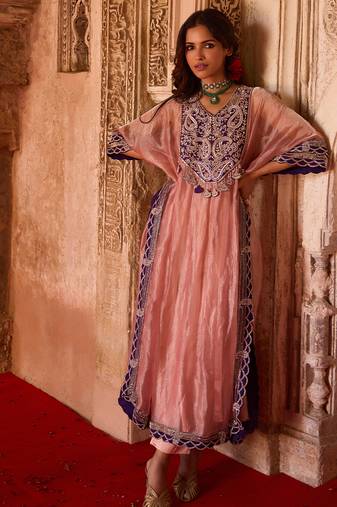 Rose pink embroidered tissue kaftan set