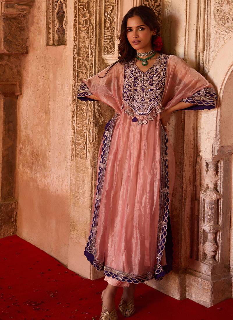 Rose pink embroidered tissue kaftan set