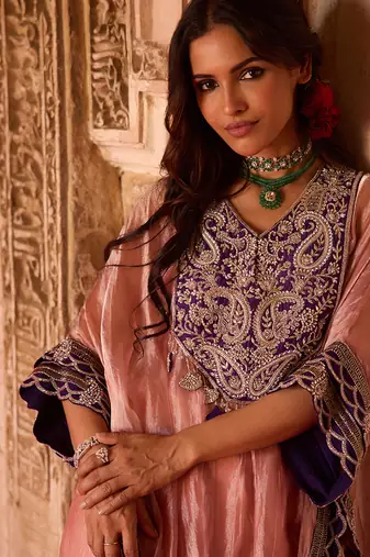 Rose pink embroidered tissue kaftan set
