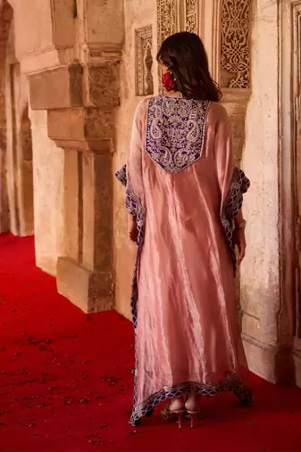 Rose pink embroidered tissue kaftan set