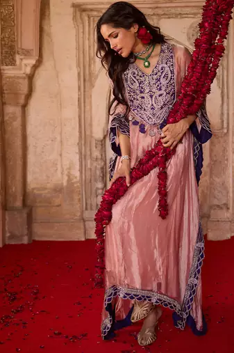 Rose pink embroidered tissue kaftan set